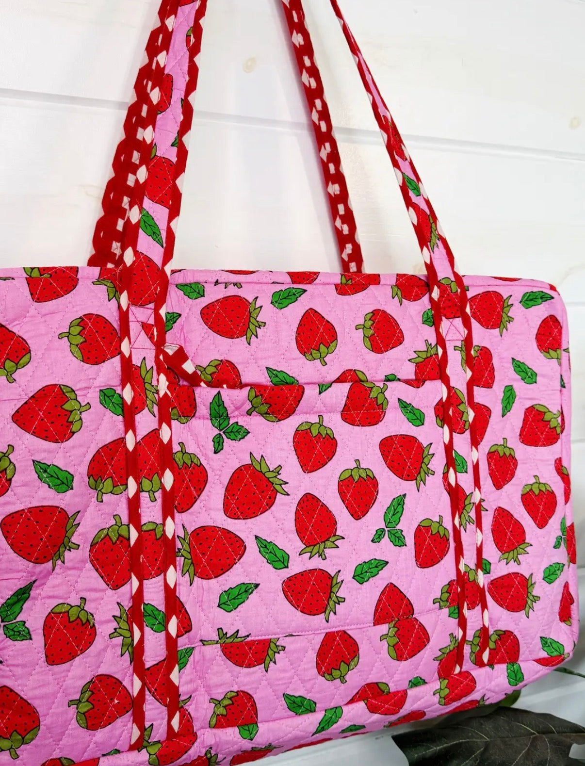 Quilted Strawberry Spin the Night Bag